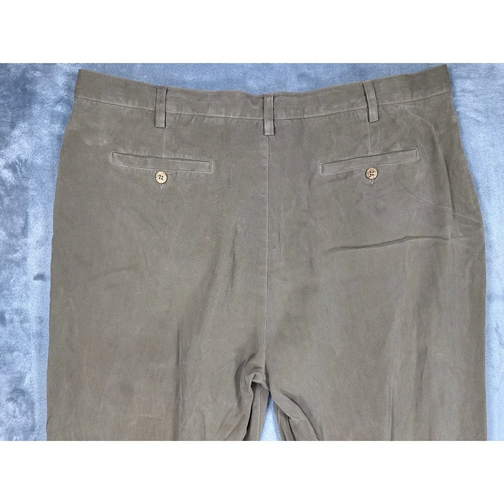 Baracuta Mens 42 100% Silk Pleated Trousers Olive Brown Herringbone Wide Leg